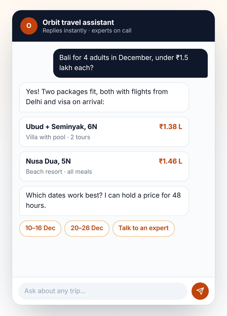 A travel company’s website AI assistant suggesting two holiday packages and offering to hold a price