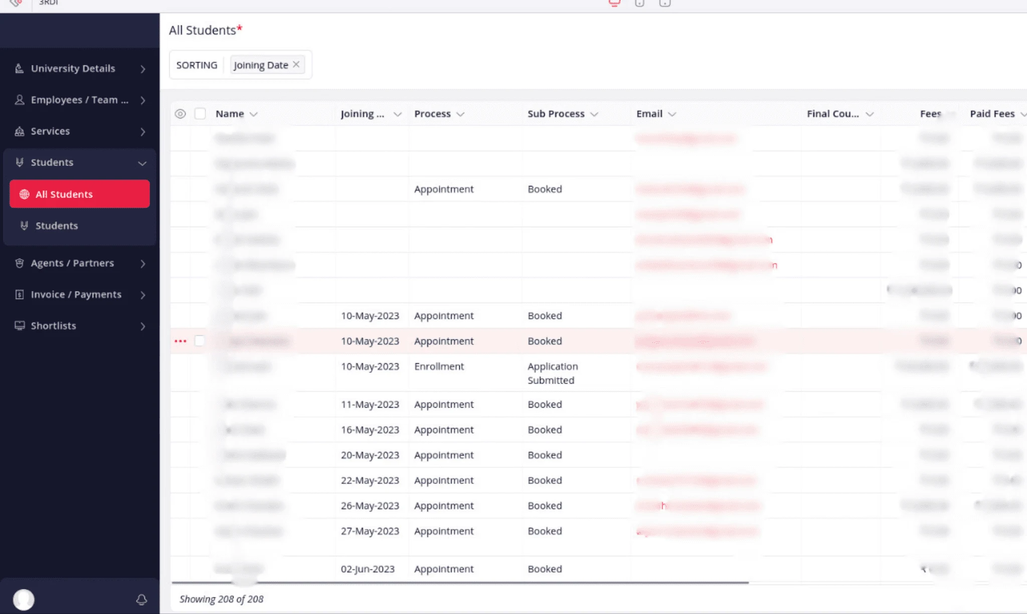 3RDi’s All Students view in the CRM: joining date, process, sub-process, email, final course and fees for each student, with names blurred
