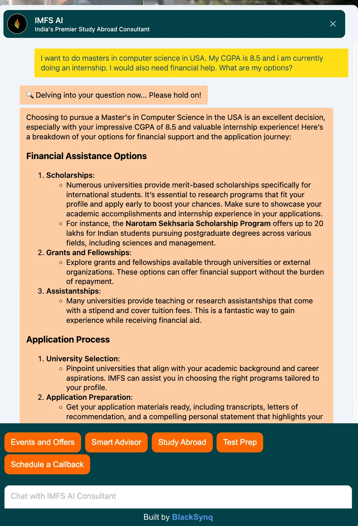 The IMFS website assistant answering a student’s question about a master’s in computer science in the USA, with financial aid options, the application process and quick buttons for events, advice, test prep and callbacks
